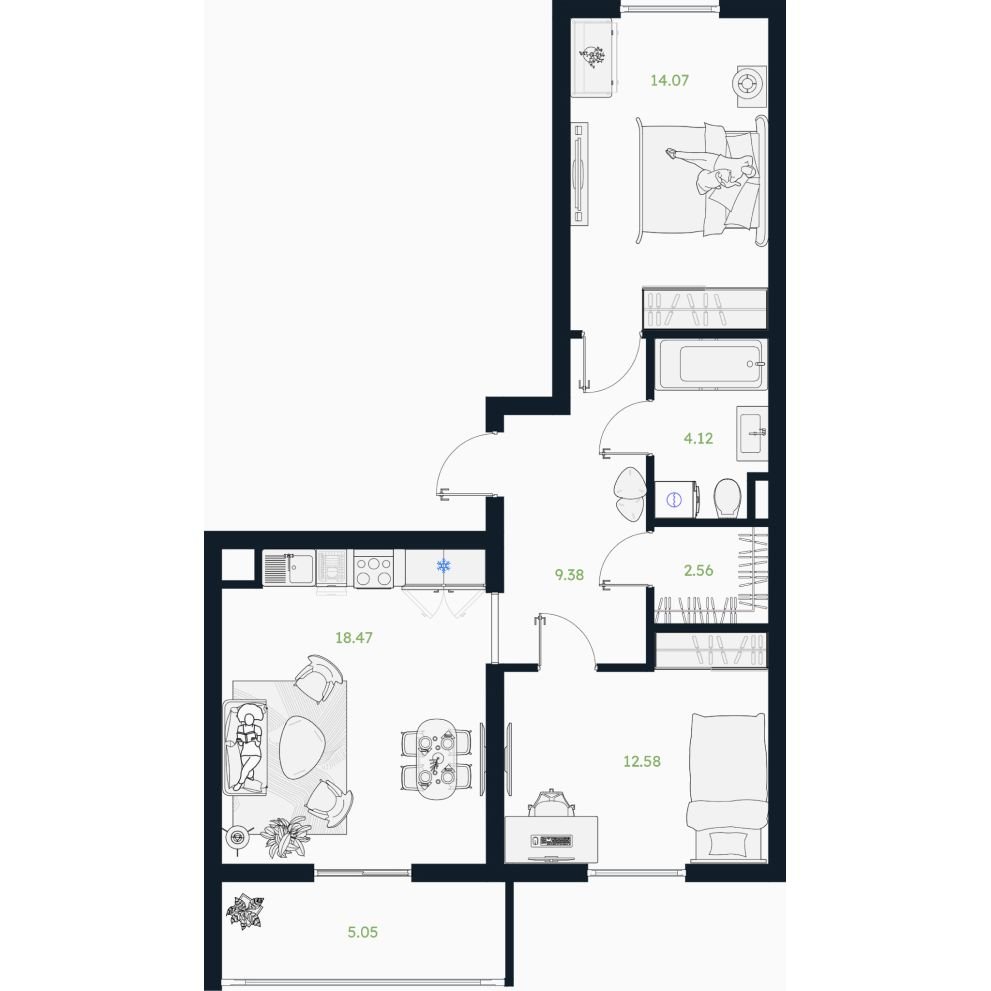 Планировка: Евротрешка 63.7 м² в ЖК Сосновый, Область