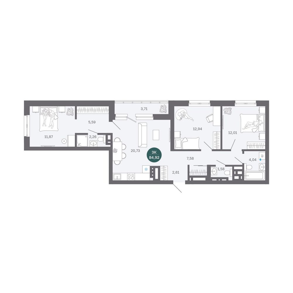 Планировка: Формат уточняется 84.9 м² в ЖК Румянский, Центр: Студгородок