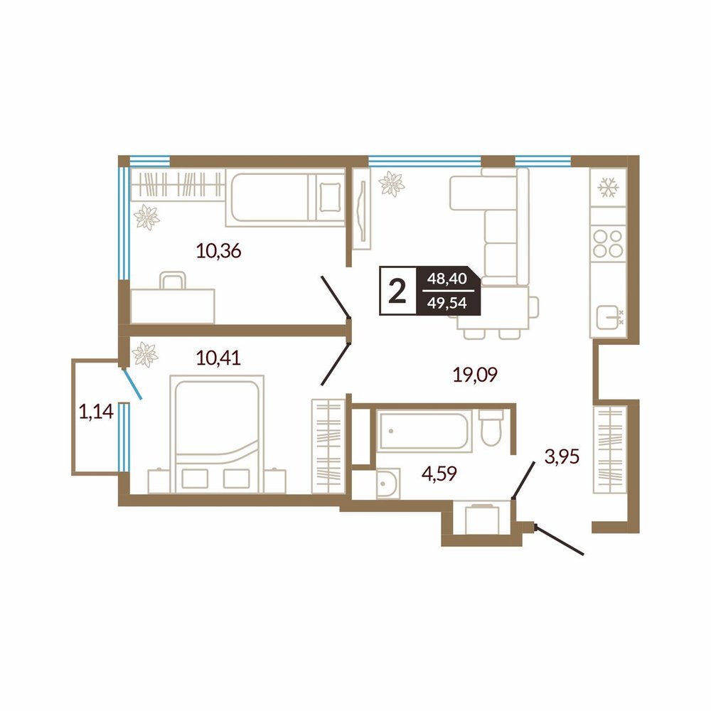 Планировка: Евротрешка 49.5 м² в ЖК Концепт, От Слободы до Комарово парк