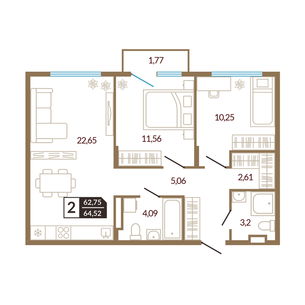 Планировка: Евротрешка 64.5 м² в ЖК Концепт Озерный, Лесобаза
