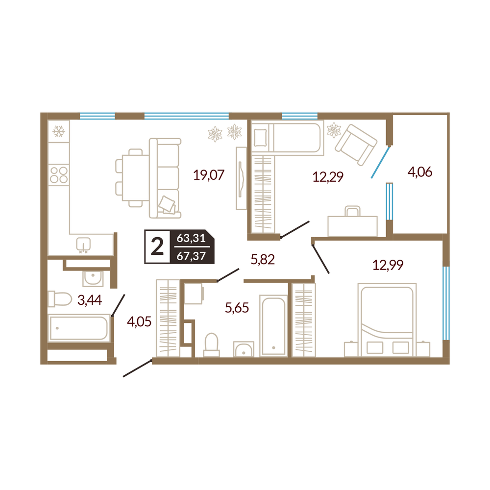 Планировка: Евротрешка 67.4 м² в ЖК Концепт Озерный, Лесобаза