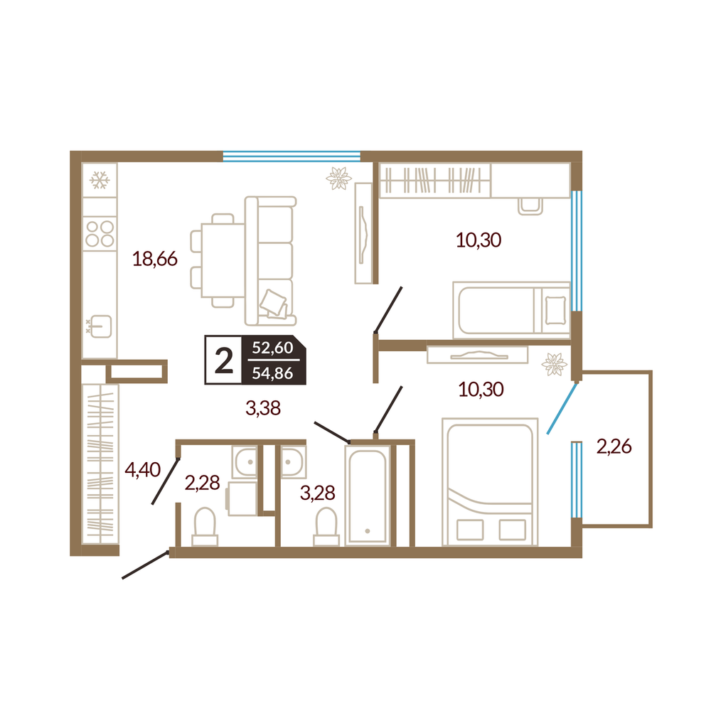 Планировка: Евротрешка 54.9 м² в ЖК Концепт Озерный, Лесобаза
