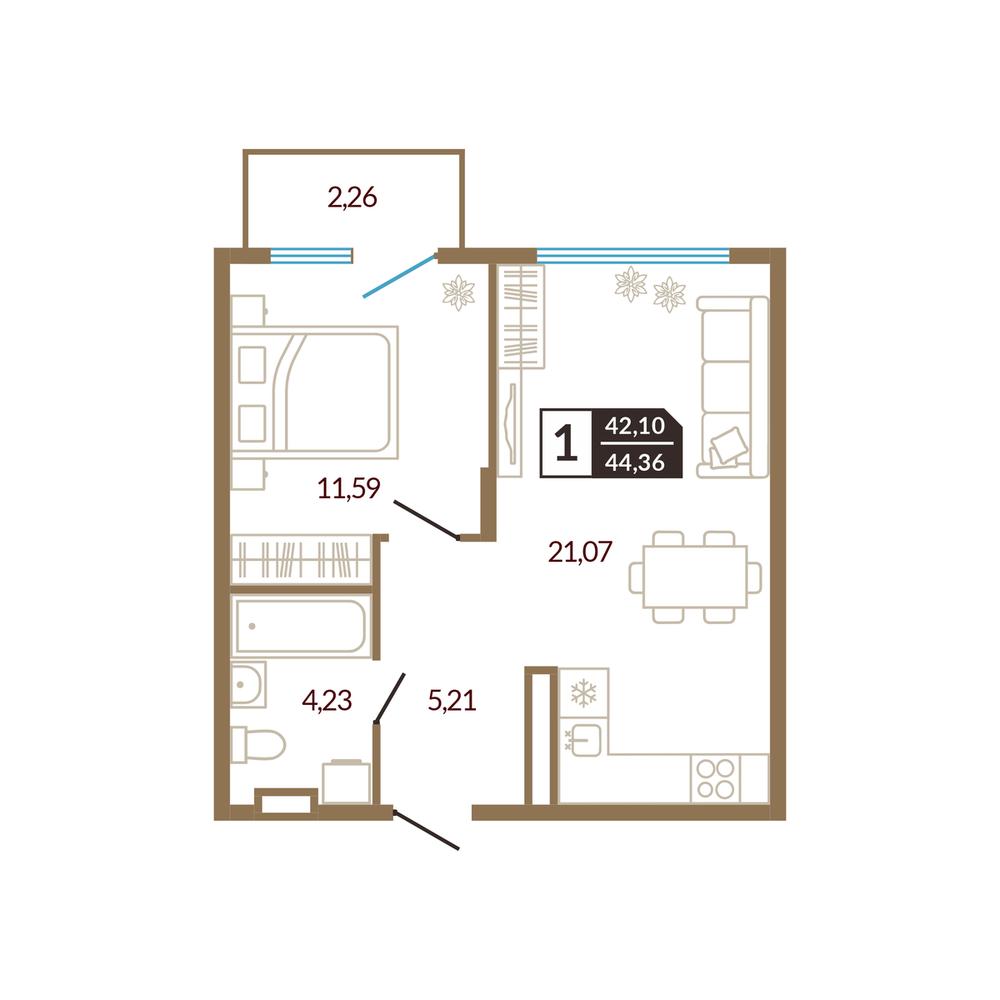 Планировка: Евродвушка 44.4 м² в ЖК Концепт Озерный, Лесобаза