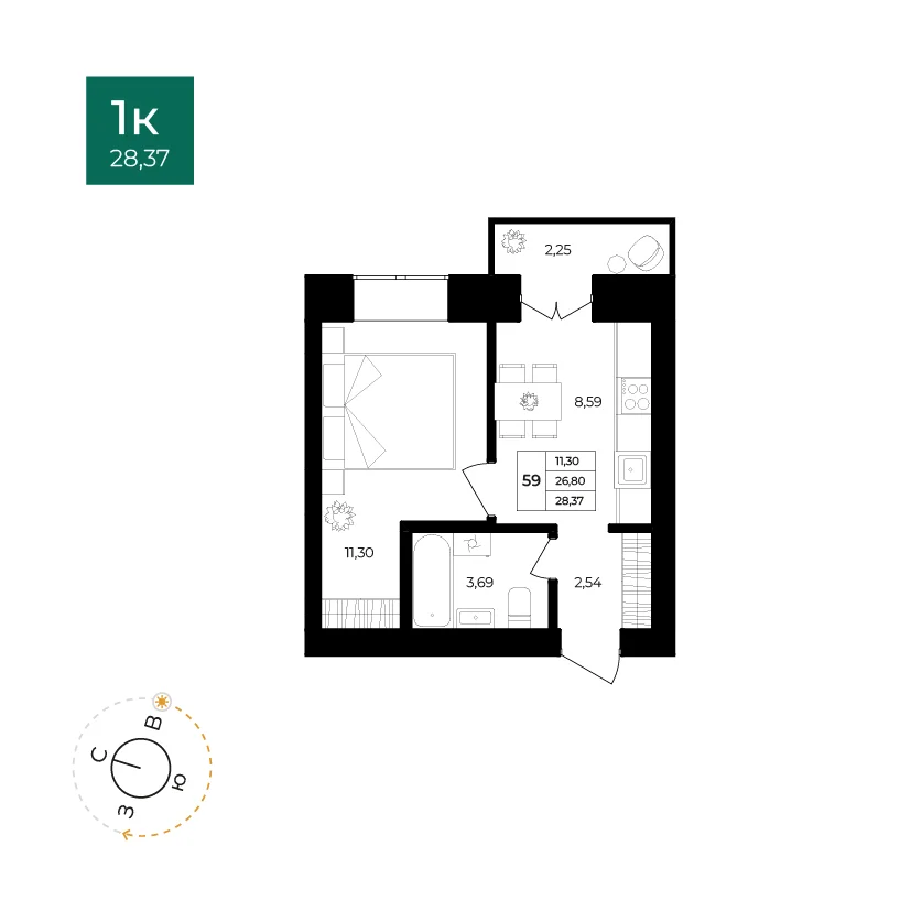 Планировка: 1-комнатная · 28,37 м², Новое Брагино