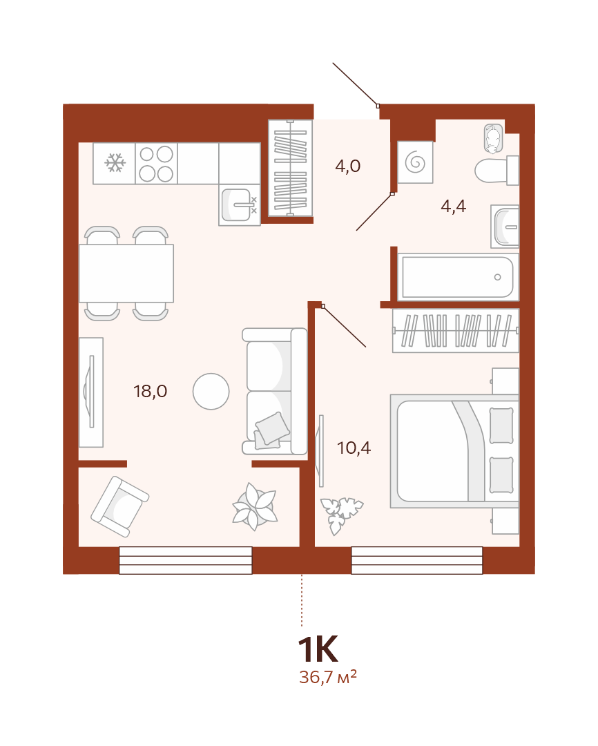 Планировка: Евродвушка 36.7 м² в ЖК Новатор, Центр: КПД