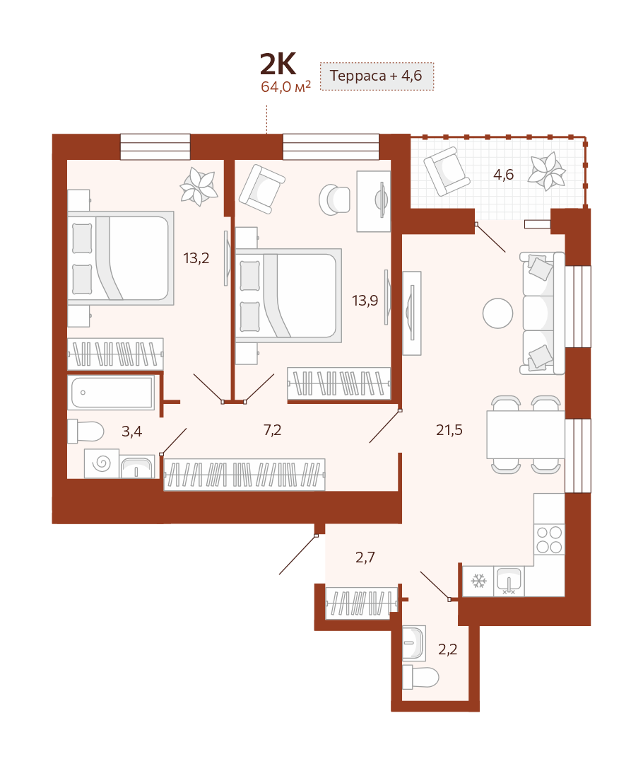 Планировка: Евротрешка 64 м² в ЖК Новатор, Центр: КПД