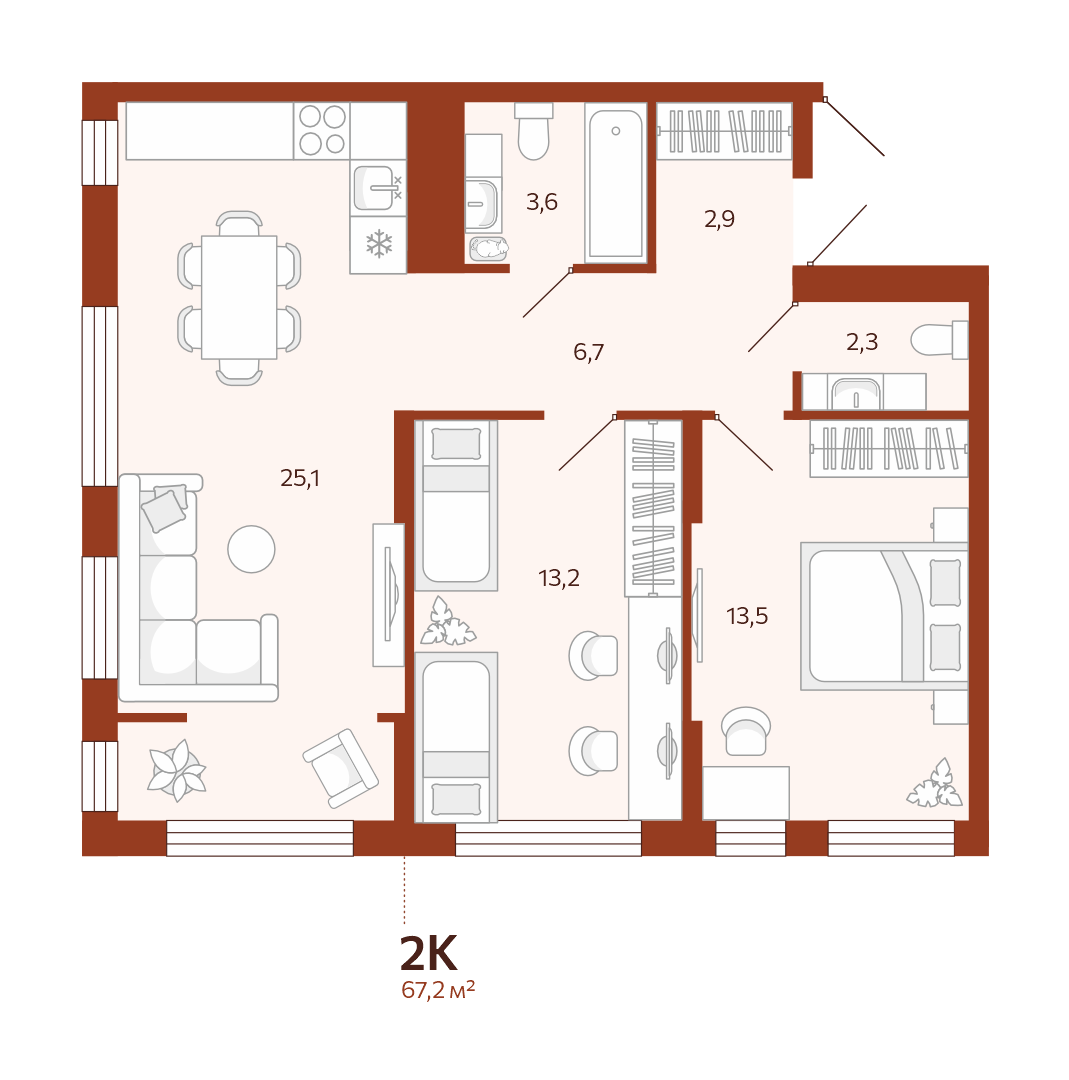 Планировка: Евротрешка 67.2 м² в ЖК Новатор, Центр: КПД