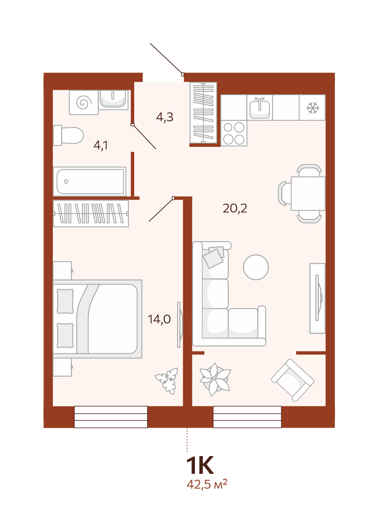 Планировка: Евродвушка 42.5 м² в ЖК Новатор, Центр: КПД
