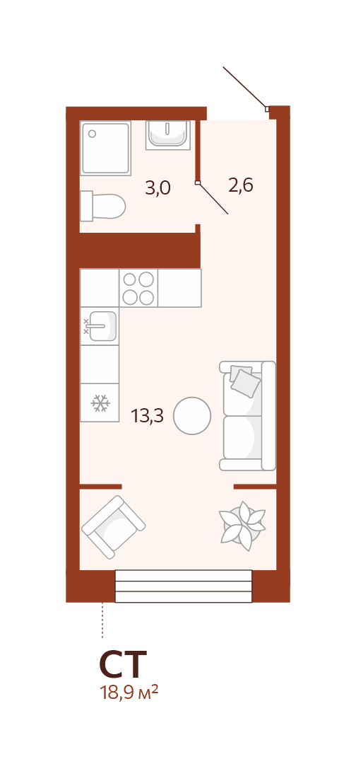 Планировка: Студия 18.9 м² в ЖК Новатор, Центр: КПД