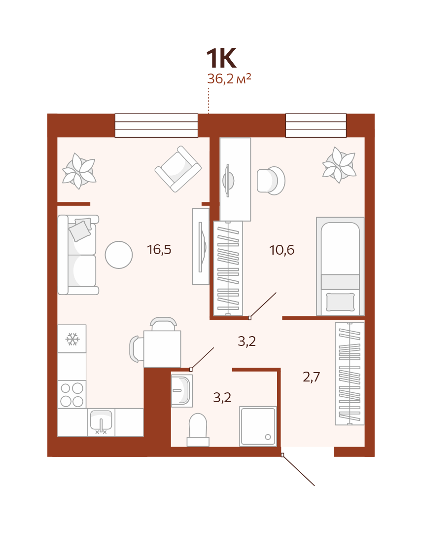 Планировка: Евродвушка 36.2 м² в ЖК Новатор, Центр: КПД