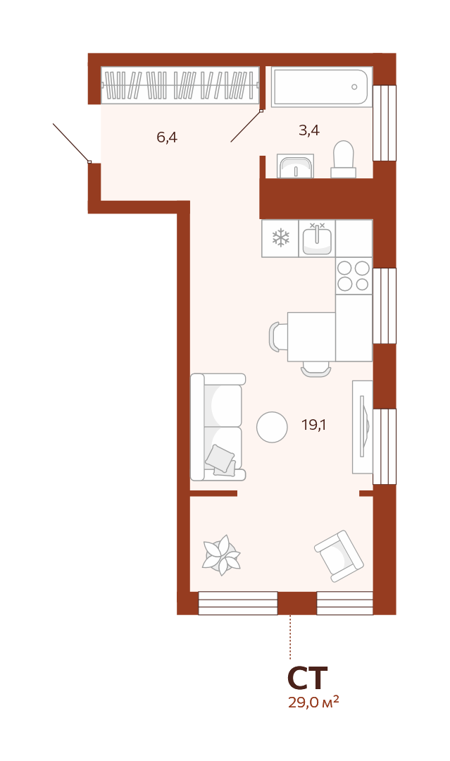 Планировка: Студия 28.9 м² в ЖК Новатор, Центр: КПД