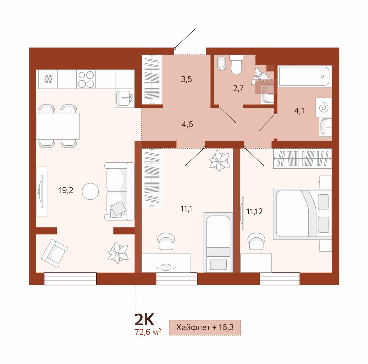 Планировка: Евротрешка 56.2 м² в ЖК Новатор, Центр: КПД