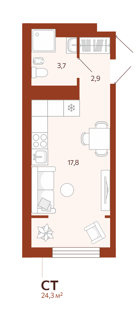 Планировка: Студия 24.2 м² в ЖК Новатор, Центр: КПД