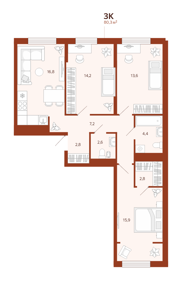 Планировка: 4-комнатная евро 80.3 м² в ЖК Новатор, Центр: КПД