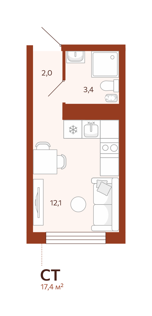 Планировка: Студия 17.4 м² в ЖК Новатор, Центр: КПД