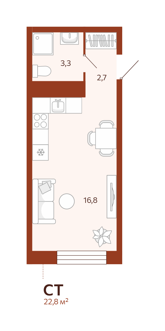 Планировка: Студия 22.8 м² в ЖК Новатор, Центр: КПД