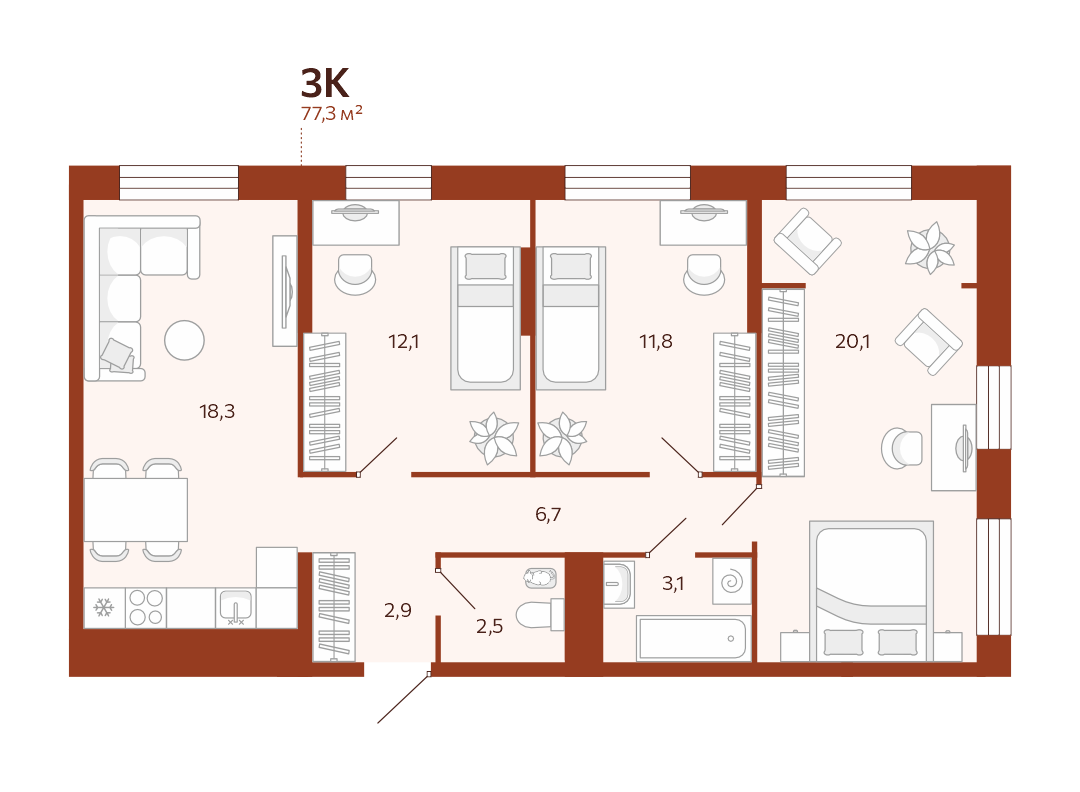 Планировка: 4-комнатная евро 77.3 м² в ЖК Новатор, Центр: КПД