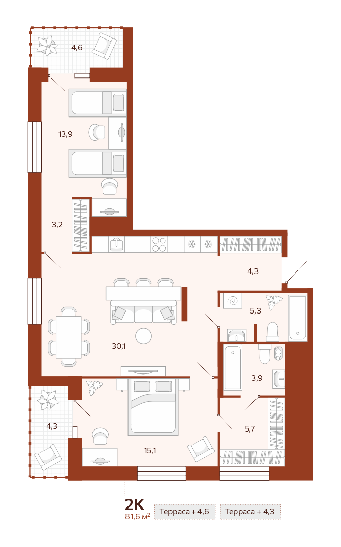 Планировка: Евротрешка 81.6 м² в ЖК Новатор, Центр: КПД