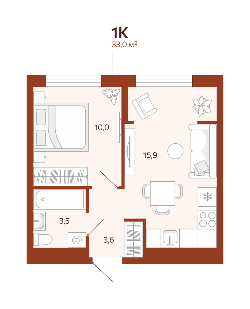 Планировка: Евродвушка 33 м² в ЖК Новатор, Центр: КПД