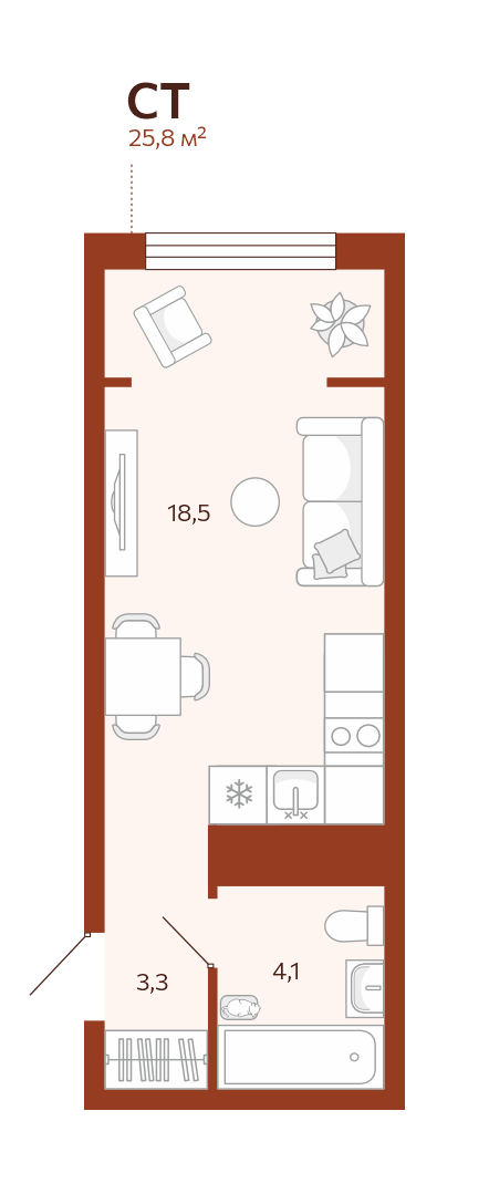 Планировка: Студия 25.8 м² в ЖК Новатор, Центр: КПД