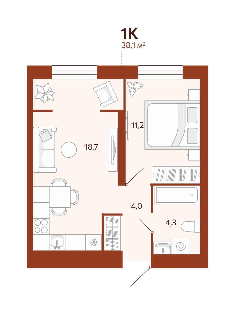 Планировка: Евродвушка 38.1 м² в ЖК Новатор, Центр: КПД