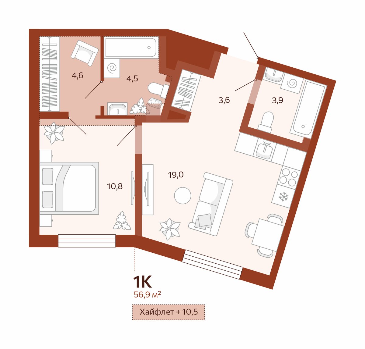 Планировка: Евродвушка 46.4 м² в ЖК Новатор, Центр: КПД