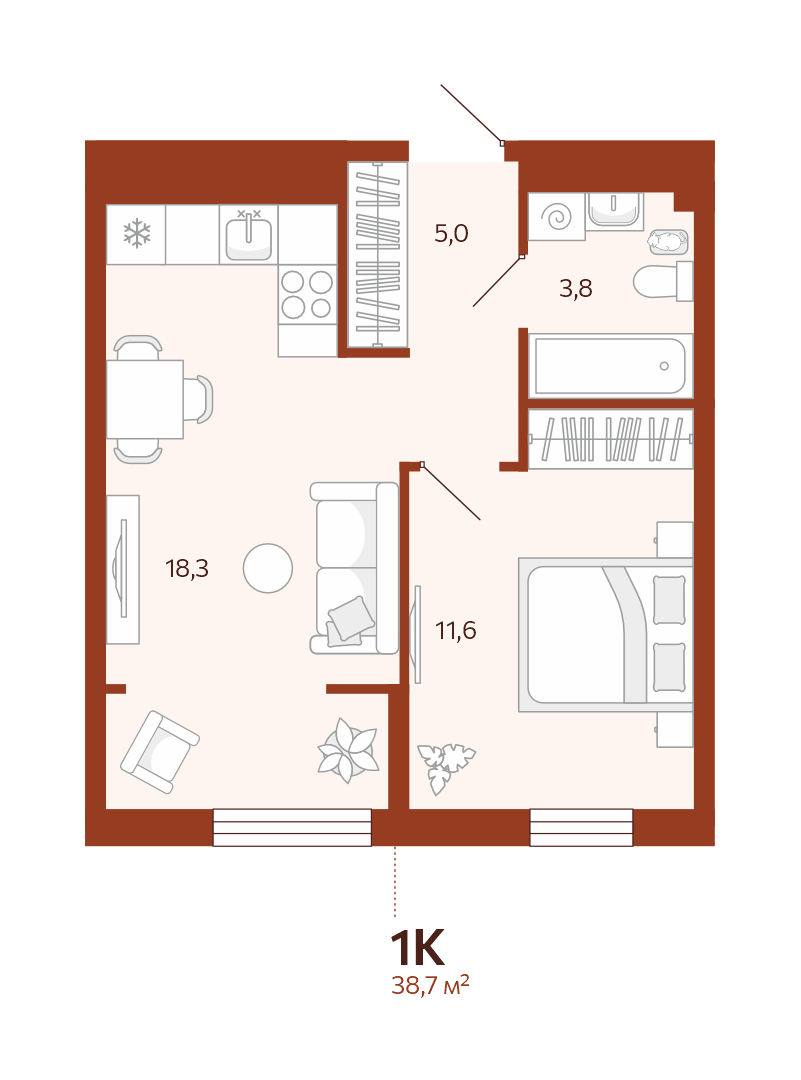 Планировка: Евродвушка 38.6 м² в ЖК Новатор, Центр: КПД