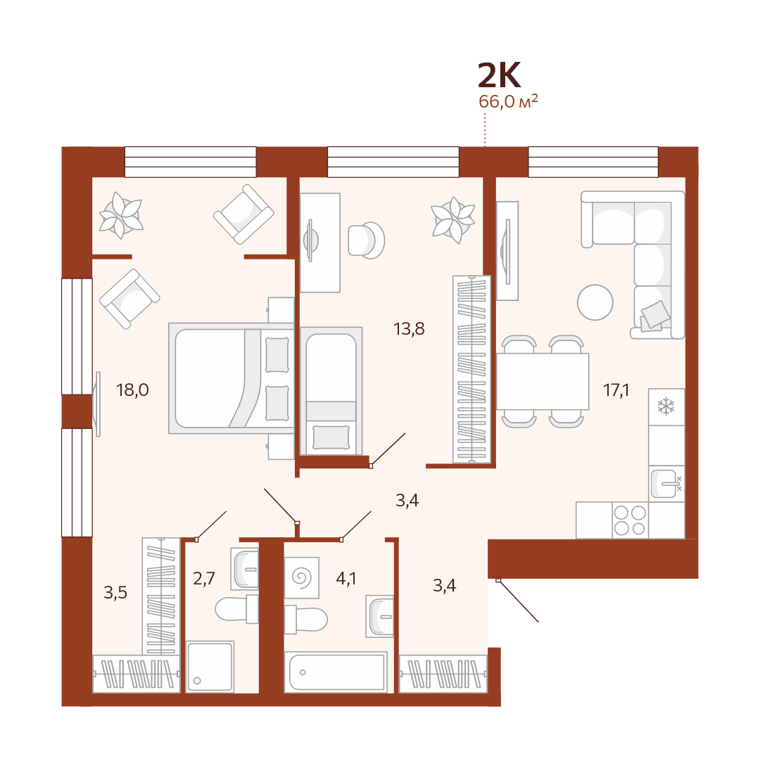 Планировка: Евротрешка 66 м² в ЖК Новатор, Центр: КПД