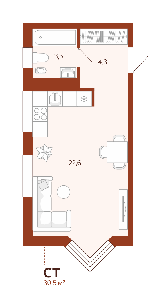 Планировка: Студия 30.4 м² в ЖК Новатор, Центр: КПД