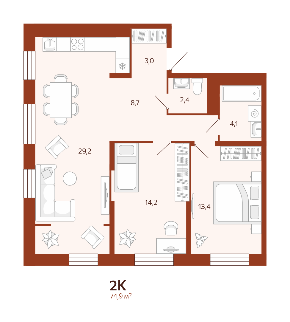 Планировка: Евротрешка 74.9 м² в ЖК Новатор, Центр: КПД