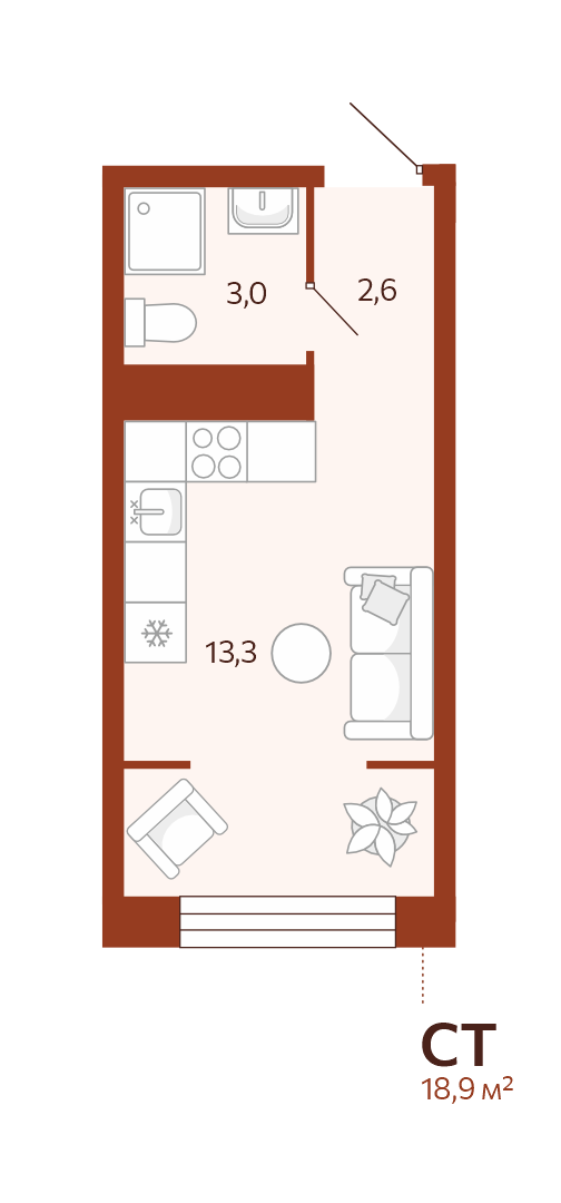 Планировка: Студия 18.9 м² в ЖК Новатор, Центр: КПД