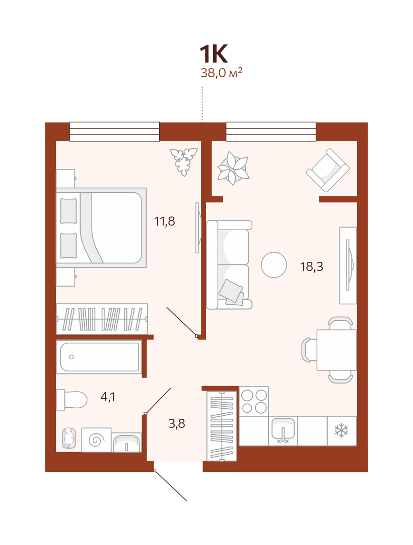 Планировка: Евродвушка 38 м² в ЖК Новатор, Центр: КПД