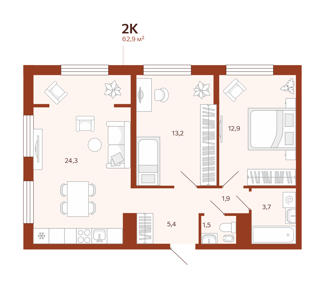 Планировка: Евротрешка 62.9 м² в ЖК Новатор, Центр: КПД