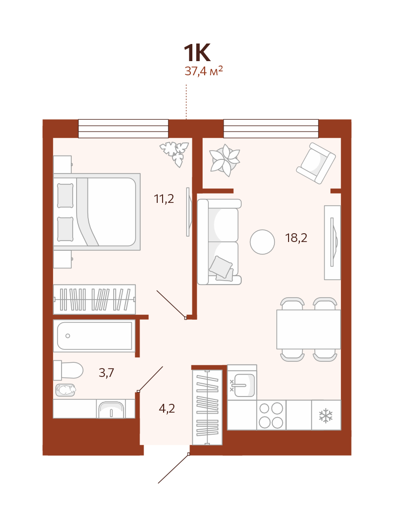 Планировка: Евродвушка 37.4 м² в ЖК Новатор, Центр: КПД
