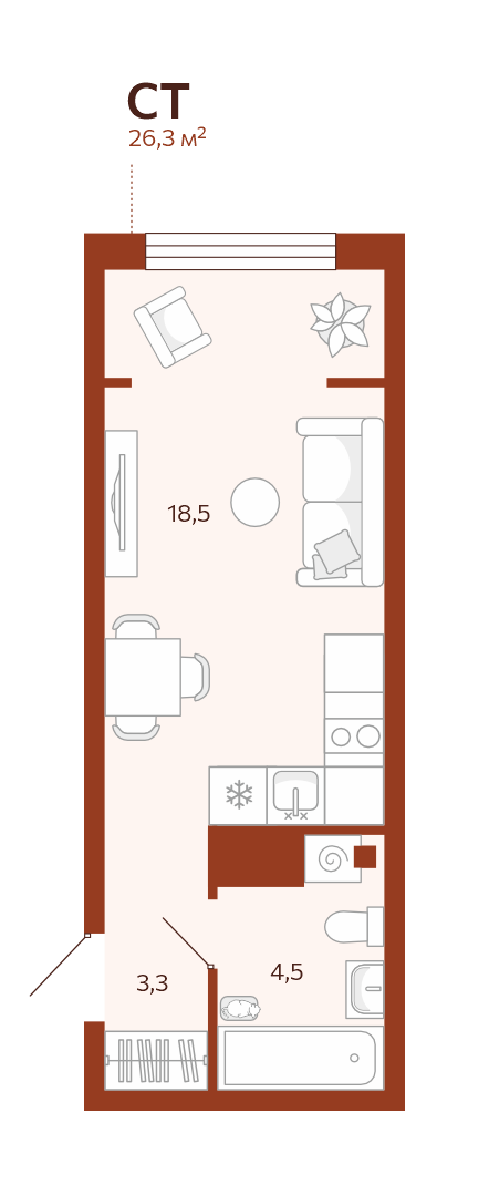 Планировка: Студия 26.3 м² в ЖК Новатор, Центр: КПД