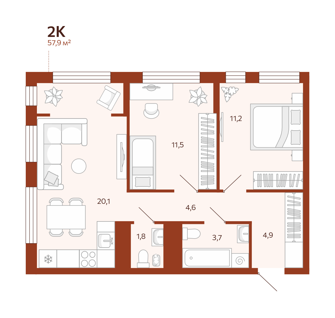 Планировка: Евротрешка 57.9 м² в ЖК Новатор, Центр: КПД