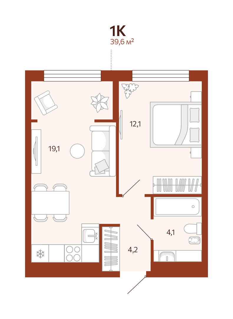 Планировка: Евродвушка 39.6 м² в ЖК Новатор, Центр: КПД