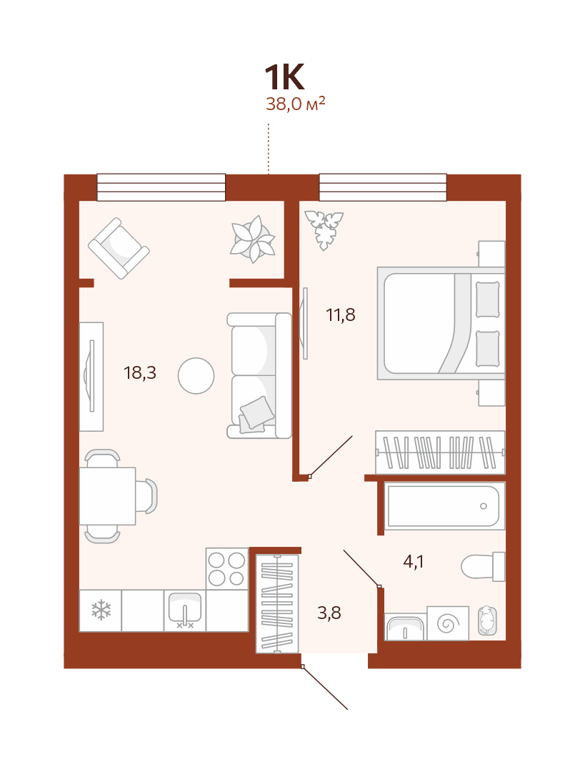 Планировка: Евродвушка 38 м² в ЖК Новатор, Центр: КПД