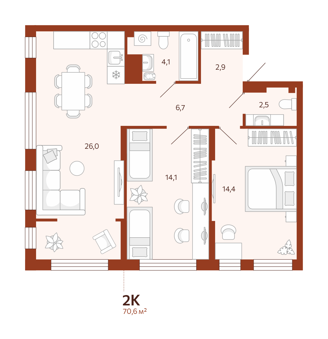 Планировка: Евротрешка 70.6 м² в ЖК Новатор, Центр: КПД