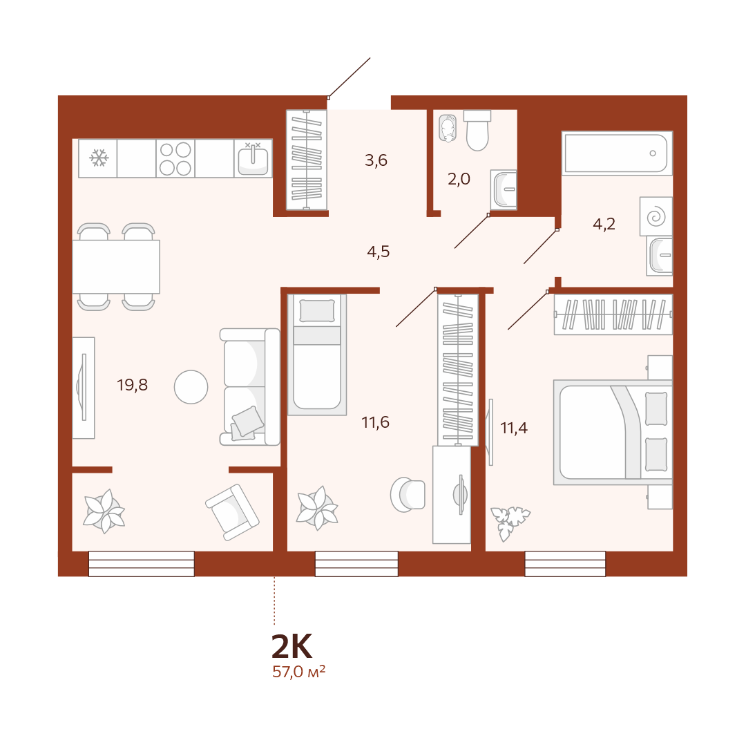 Планировка: Евротрешка 57 м² в ЖК Новатор, Центр: КПД