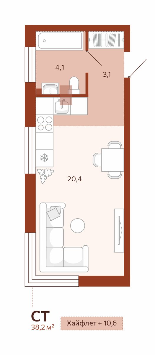 Планировка: Студия 27.5 м² в ЖК Новатор, Центр: КПД