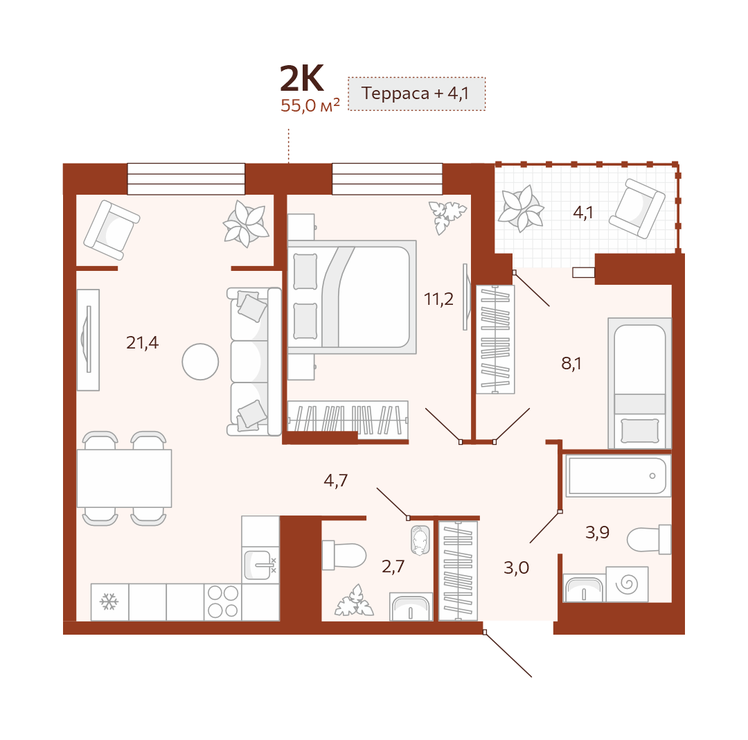 Планировка: Евротрешка 55 м² в ЖК Новатор, Центр: КПД