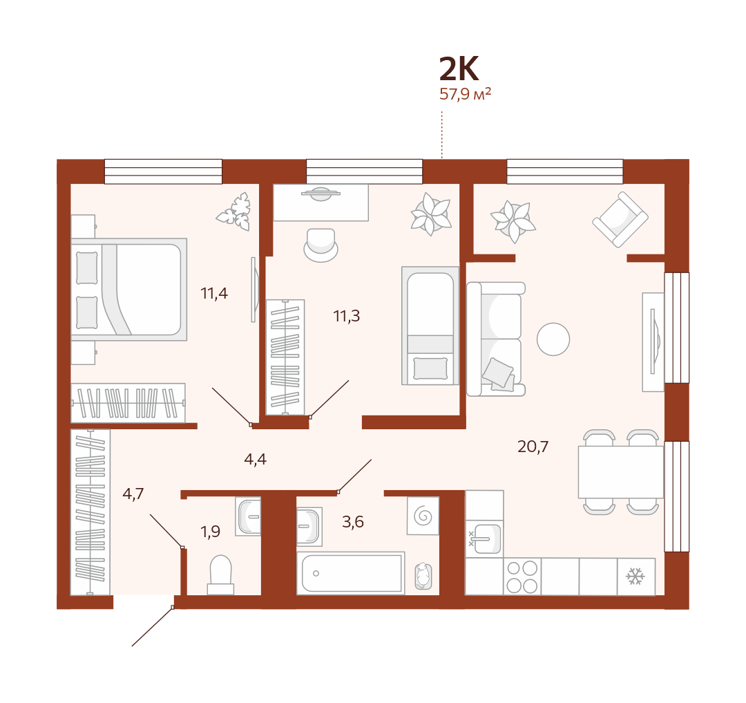 Планировка: Евротрешка 57.9 м² в ЖК Новатор, Центр: КПД