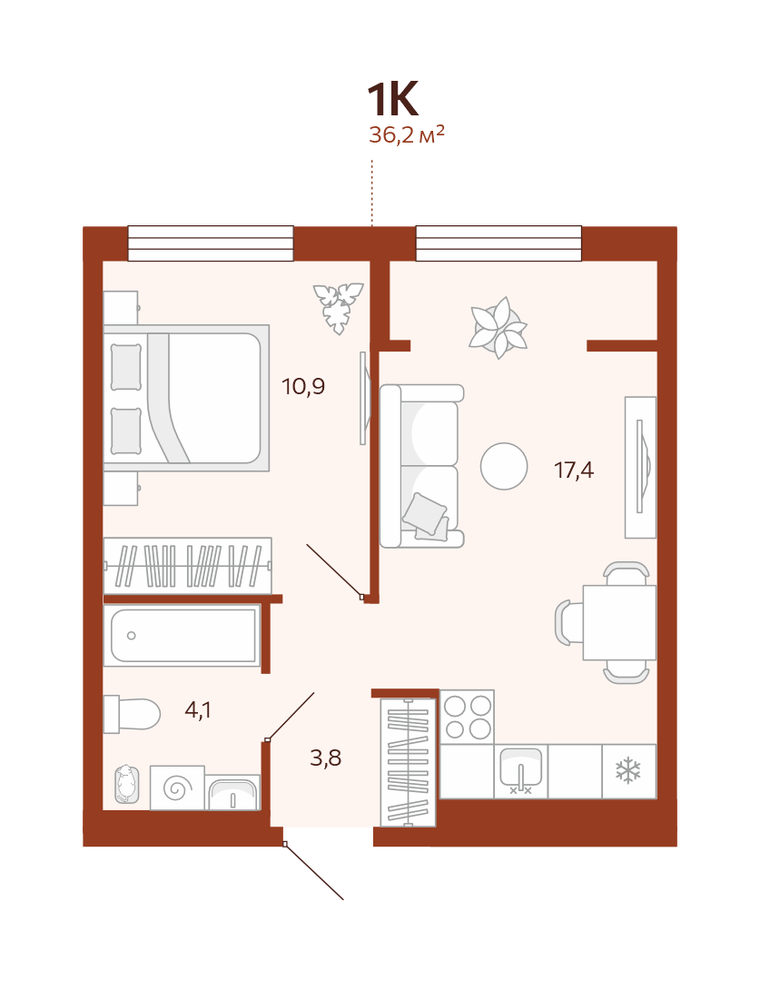 Планировка: Евродвушка 36.2 м² в ЖК Новатор, Центр: КПД