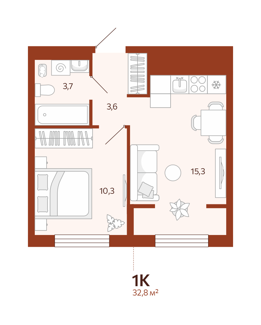 Планировка: Евродвушка 32.8 м² в ЖК Новатор, Центр: КПД