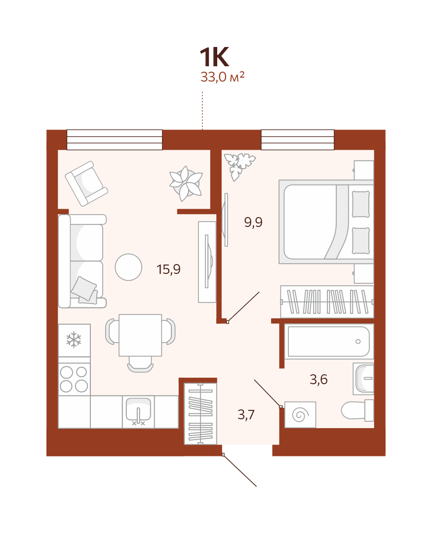 Планировка: Евродвушка 33 м² в ЖК Новатор, Центр: КПД