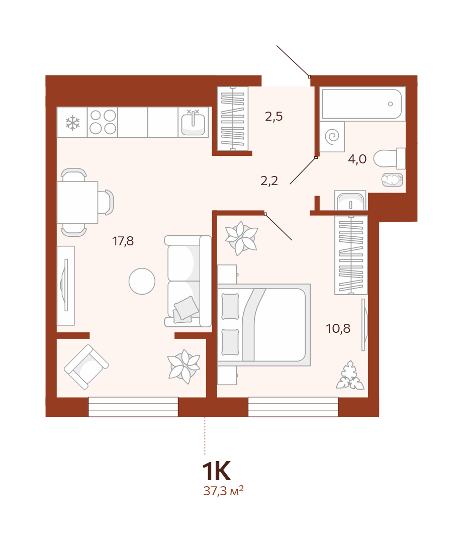 Планировка: Евродвушка 37.3 м² в ЖК Новатор, Центр: КПД