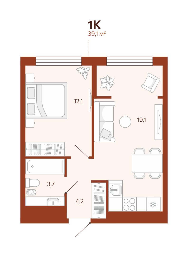 Планировка: Евродвушка 39.1 м² в ЖК Новатор, Центр: КПД