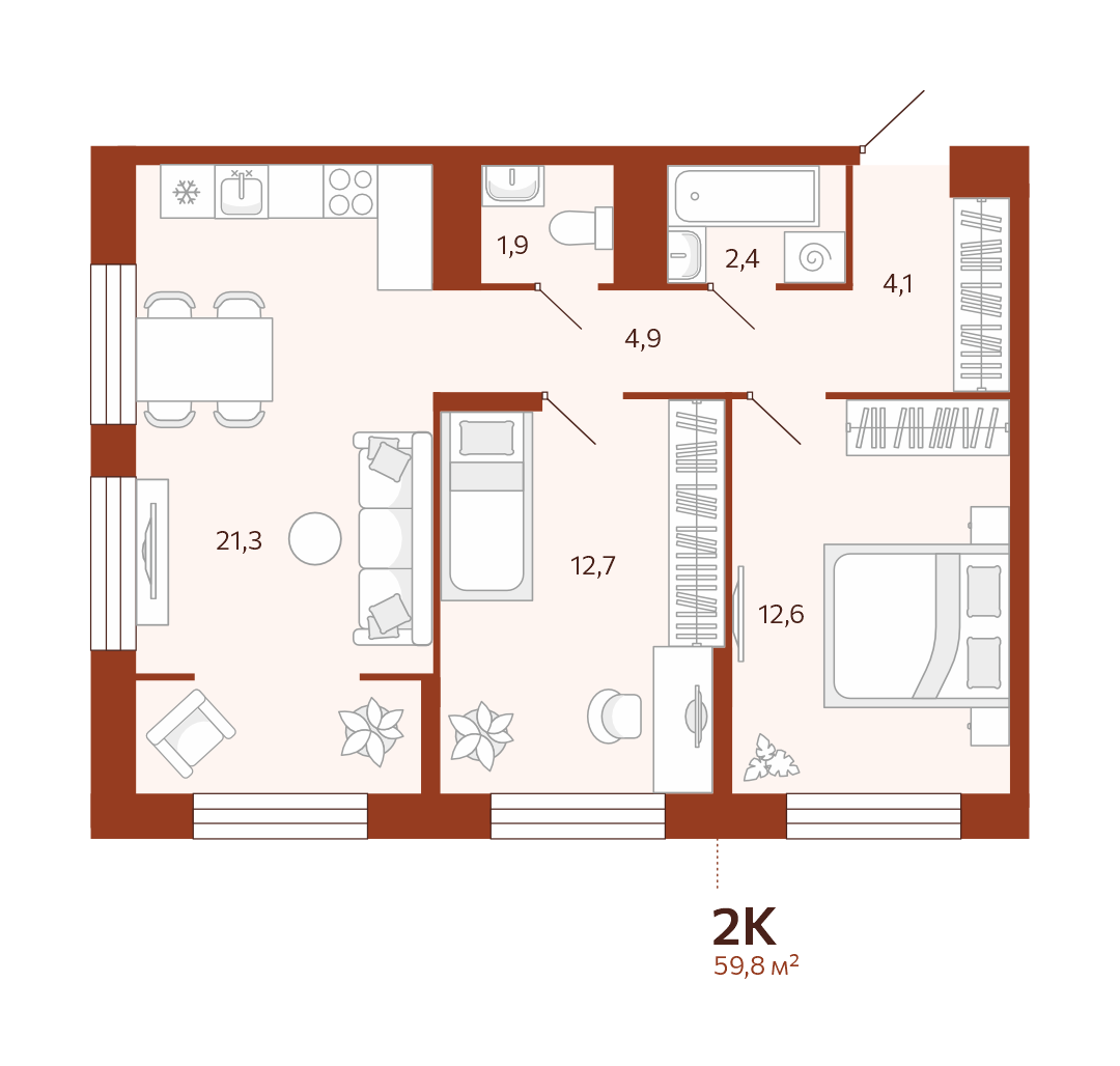Планировка: Формат уточняется 59.8 м² в ЖК Новатор, Центр: КПД