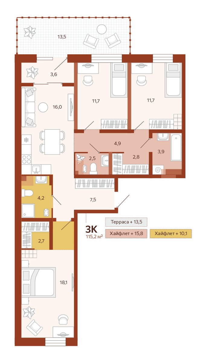 Планировка: 4-комнатная евро 89.3 м² в ЖК Новатор, Центр: КПД